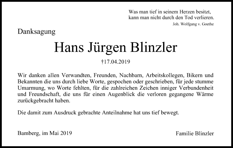  Traueranzeige für Hans Jürgen Blinzler vom 18.05.2019 aus MGO