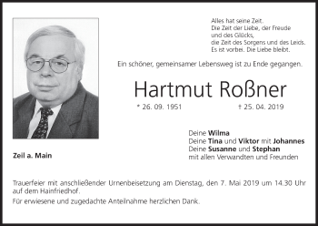Anzeige von Hartmut Roßner von MGO