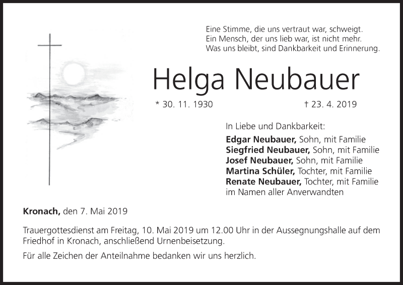 Traueranzeige für Helga Neubauer vom 07.05.2019 aus MGO