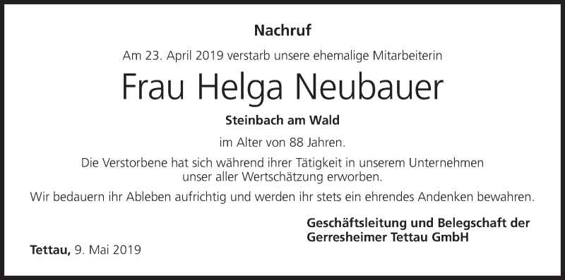  Traueranzeige für Helga Neubauer vom 09.05.2019 aus MGO