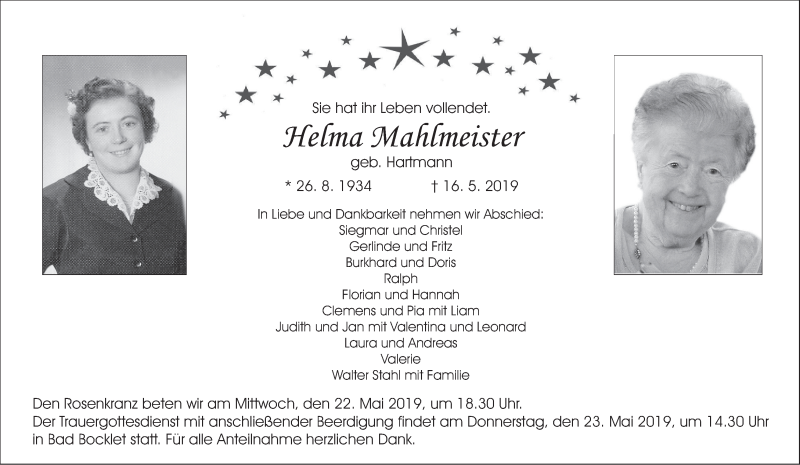  Traueranzeige für Helma Mahlmeister vom 21.05.2019 aus MGO