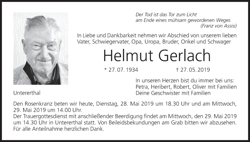  Traueranzeige für Helmut Gerlach vom 28.05.2019 aus MGO