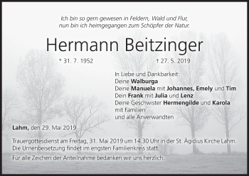 Anzeige von Hermann Beitzinger von MGO