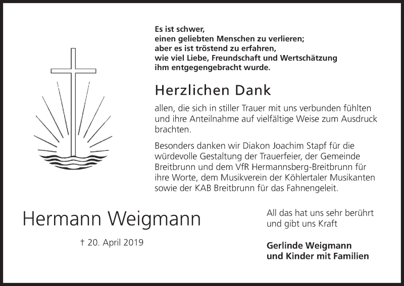  Traueranzeige für Hermann Weigmann vom 11.05.2019 aus MGO