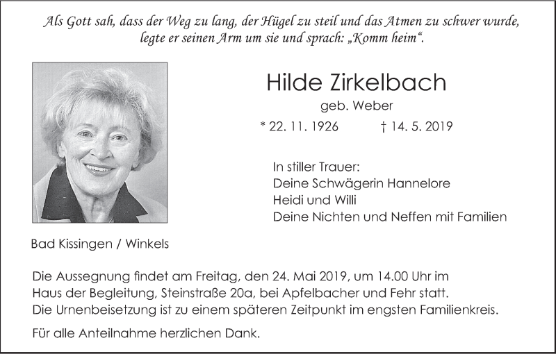  Traueranzeige für Hilde Zirkelbach vom 21.05.2019 aus MGO