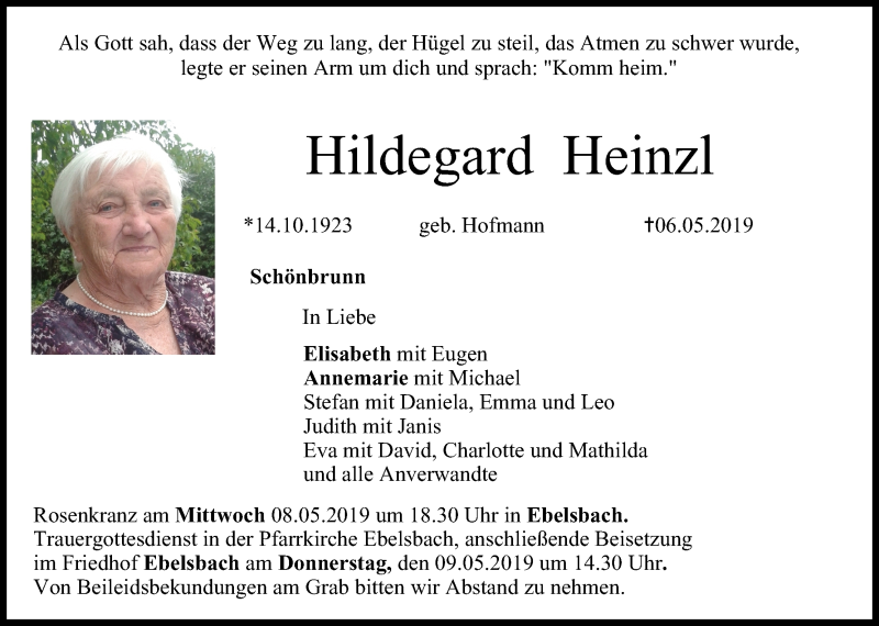  Traueranzeige für Hildegard Heinzl vom 07.05.2019 aus MGO