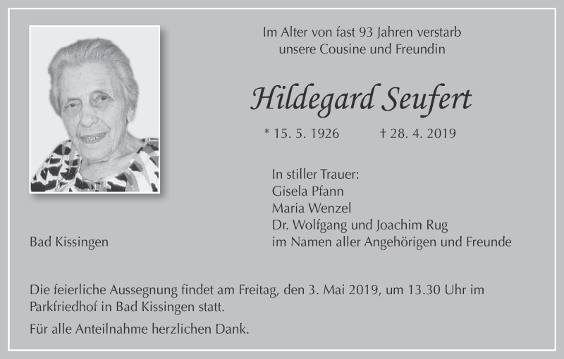  Traueranzeige für Hildegard Seufert vom 30.04.2019 aus MGO