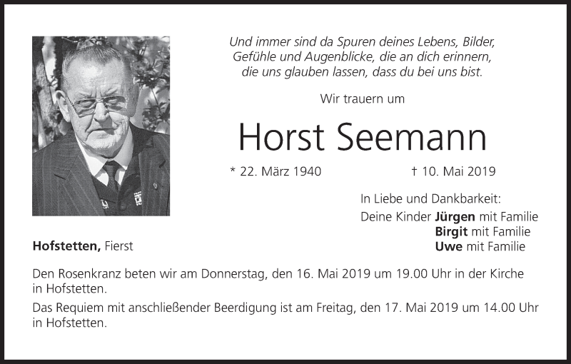  Traueranzeige für Horst Seemann vom 15.05.2019 aus MGO