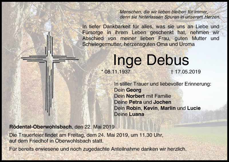  Traueranzeige für Inge Debus vom 22.05.2019 aus MGO
