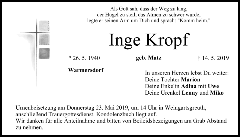  Traueranzeige für Inge Kropf vom 21.05.2019 aus MGO