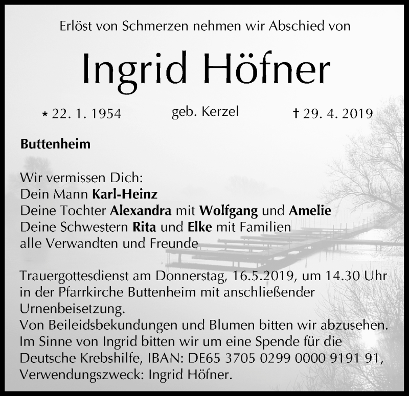  Traueranzeige für Ingrid Höfner vom 11.05.2019 aus MGO