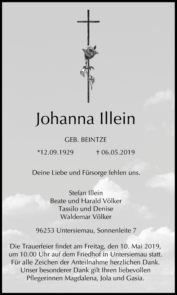  Traueranzeige für Johanna Illein vom 08.05.2019 aus MGO