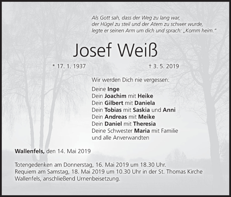  Traueranzeige für Josef Weiß vom 14.05.2019 aus MGO