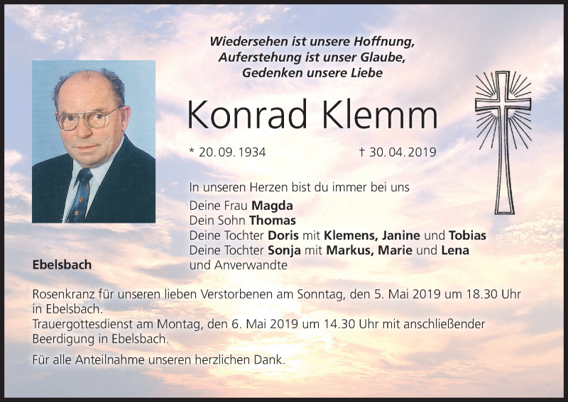  Traueranzeige für Konrad Klemm vom 03.05.2019 aus MGO