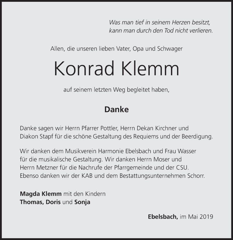  Traueranzeige für Konrad Klemm vom 27.05.2019 aus MGO