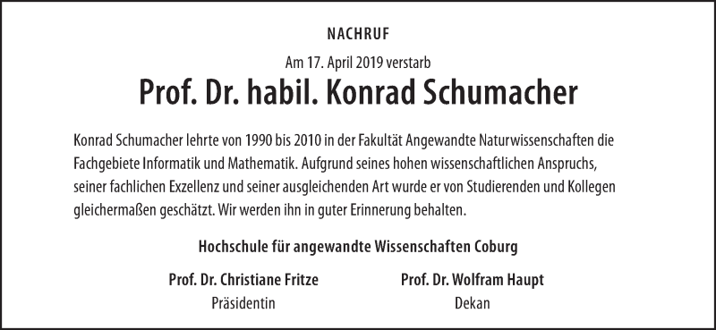  Traueranzeige für Konrad Schumacher vom 01.05.2019 aus MGO