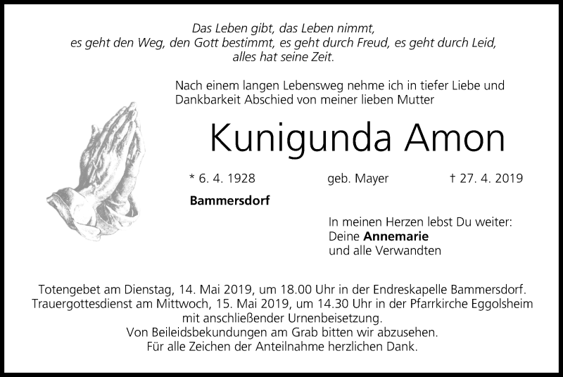  Traueranzeige für Kunigunda Amon vom 11.05.2019 aus MGO