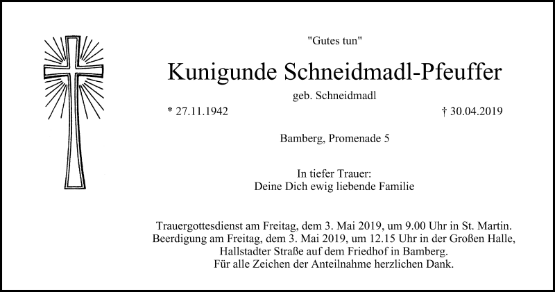  Traueranzeige für Kunigunde Schneidmadl-Pfeuffer vom 01.05.2019 aus MGO
