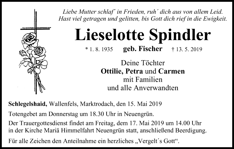  Traueranzeige für Lieselotte Spindler vom 15.05.2019 aus MGO