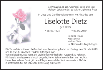 Anzeige von Liselotte Dietz von MGO