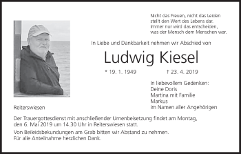 Anzeige von Ludwig Kiesel von MGO