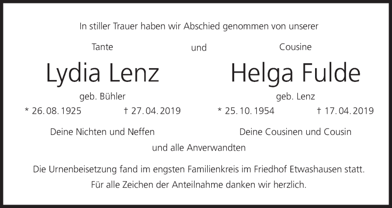  Traueranzeige für Lydia Lenz vom 11.05.2019 aus MGO