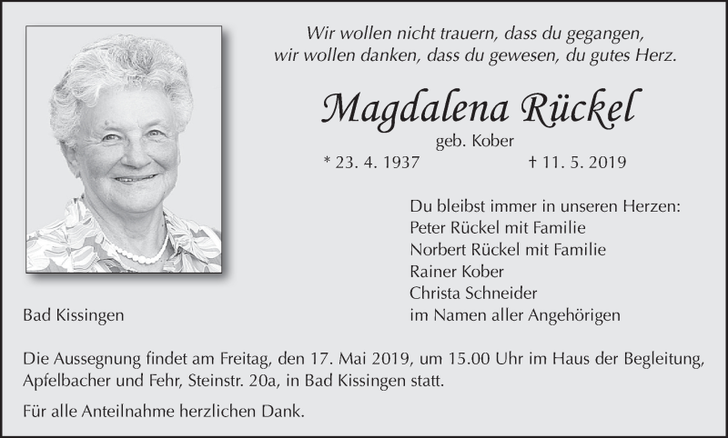  Traueranzeige für Magdalena Rückel vom 14.05.2019 aus MGO