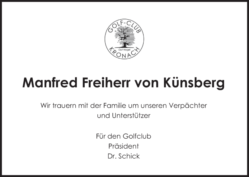  Traueranzeige für Manfred Freiherr von Künsberg vom 25.05.2019 aus MGO