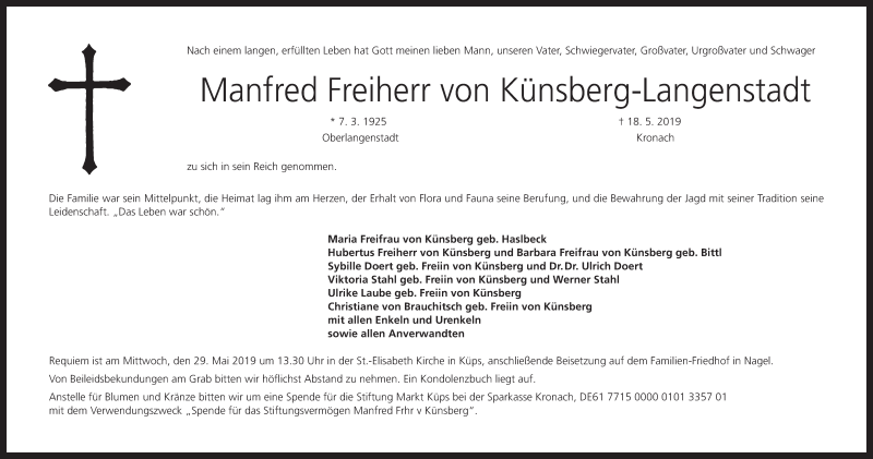  Traueranzeige für Manfred Freiherr von Künsberg-Langenstadt vom 22.05.2019 aus MGO