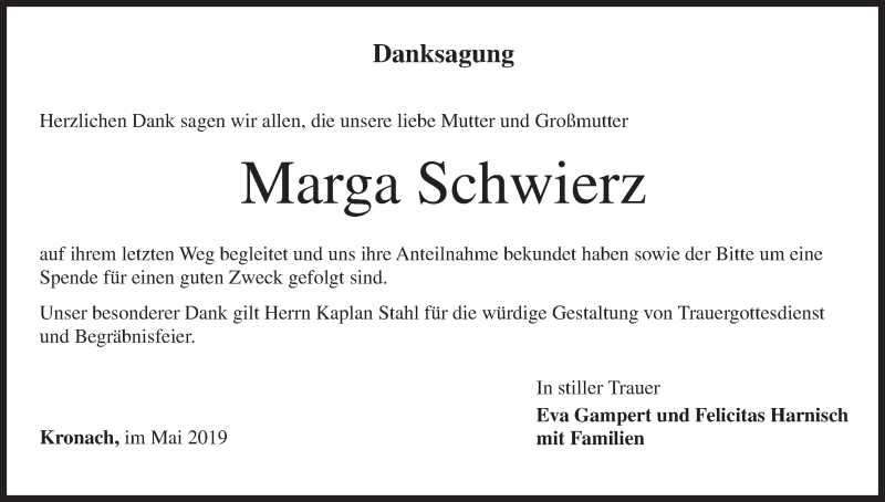  Traueranzeige für Marga Schwierz vom 11.05.2019 aus MGO