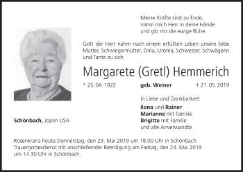 Anzeige von Margarete Hemmerich von MGO