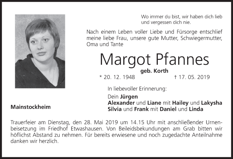  Traueranzeige für Margot Pfannes vom 24.05.2019 aus MGO