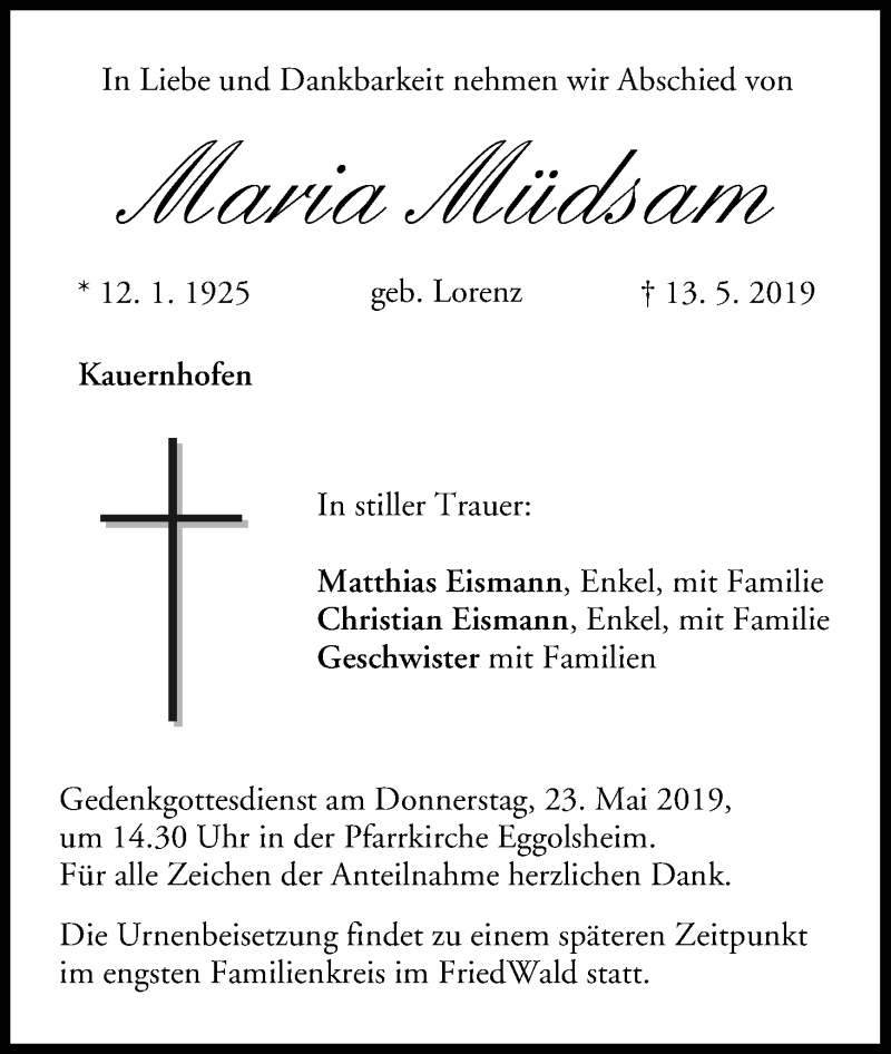  Traueranzeige für Maria Müdsam vom 18.05.2019 aus MGO