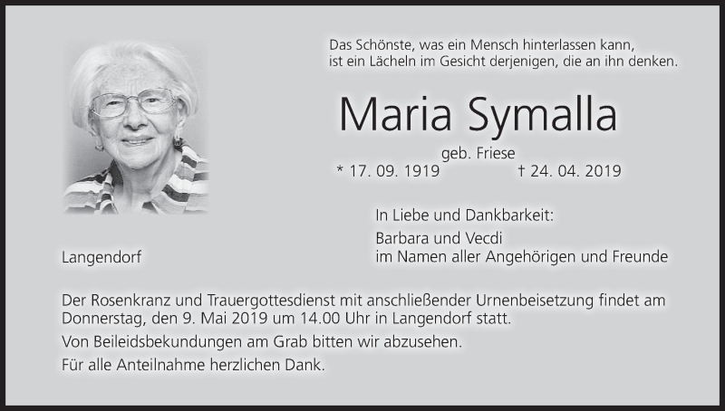  Traueranzeige für Maria Symalla vom 04.05.2019 aus MGO