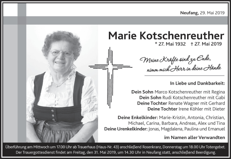 Traueranzeige für Marie Kotschenreuther vom 29.05.2019 aus MGO