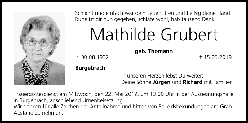  Traueranzeige für Mathilde Grubert vom 18.05.2019 aus MGO