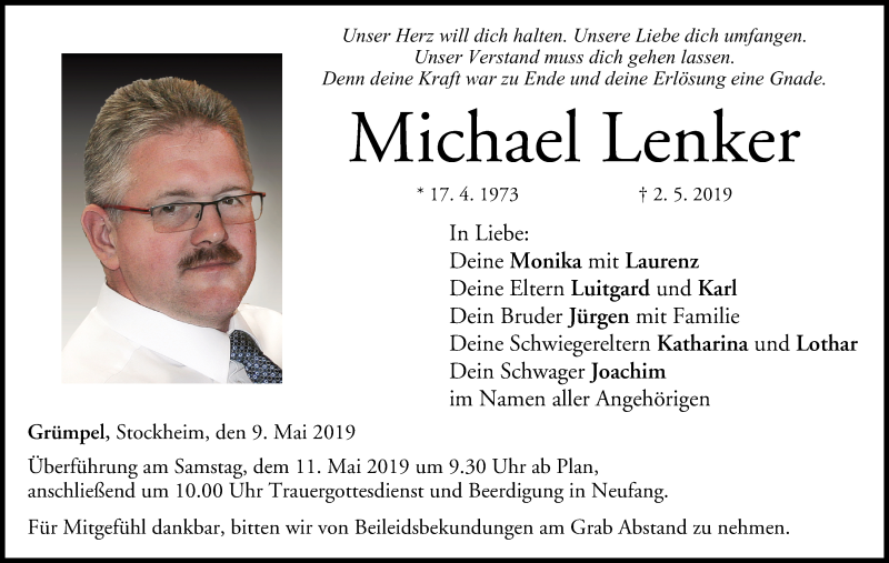  Traueranzeige für Michael Lenker vom 09.05.2019 aus MGO