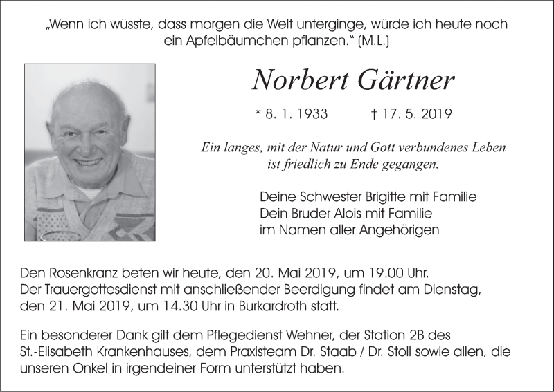  Traueranzeige für Norbert Gärtner vom 20.05.2019 aus MGO