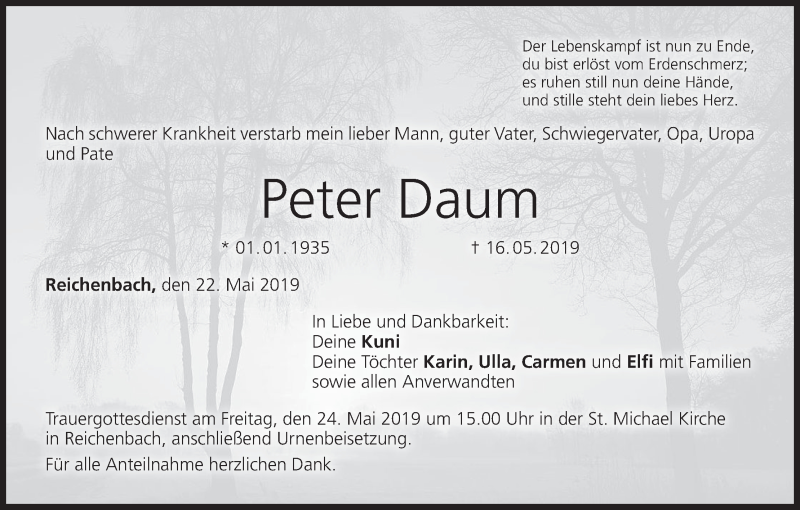  Traueranzeige für Peter Daum vom 22.05.2019 aus MGO