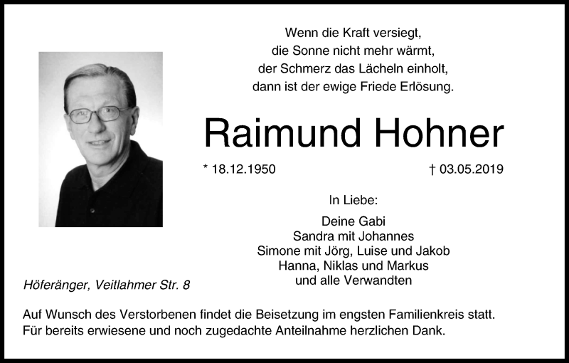  Traueranzeige für Raimund Hohner vom 11.05.2019 aus MGO