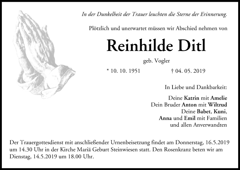  Traueranzeige für Reinhilde Ditl vom 11.05.2019 aus MGO