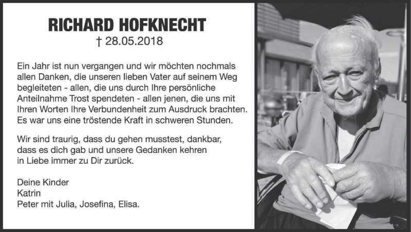  Traueranzeige für Richard Hofknecht vom 28.05.2019 aus MGO