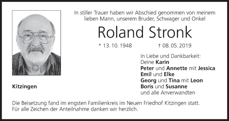  Traueranzeige für Roland Stronk vom 15.05.2019 aus MGO