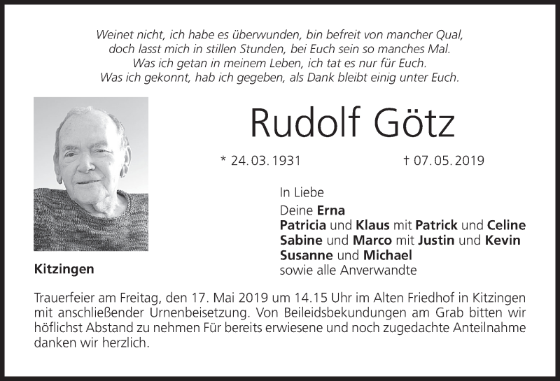  Traueranzeige für Rudolf Götz vom 14.05.2019 aus MGO