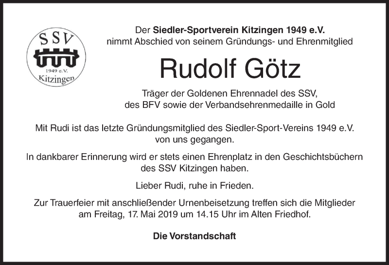  Traueranzeige für Rudolf Götz vom 16.05.2019 aus MGO