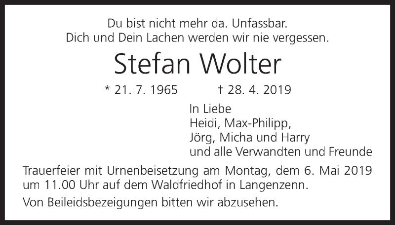  Traueranzeige für Stefan Wolter vom 03.05.2019 aus MGO
