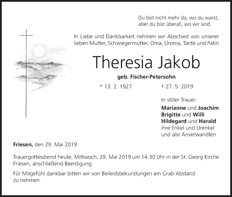  Traueranzeige für Theresia Jakob vom 29.05.2019 aus MGO