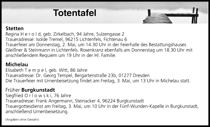  Traueranzeige für Totentafel vom 01.05.2019 vom 01.05.2019 aus MGO