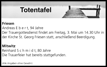 Anzeige von Totentafel vom 03.05.2019 von MGO