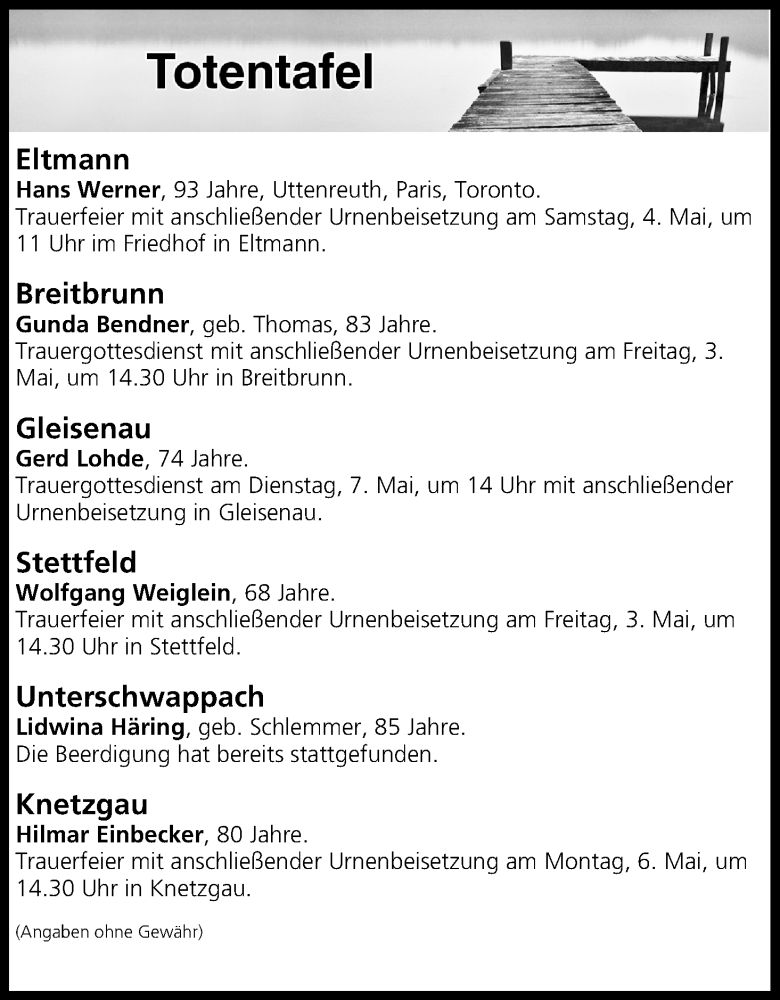  Traueranzeige für Totentafel vom 03.05.2019 vom 03.05.2019 aus MGO